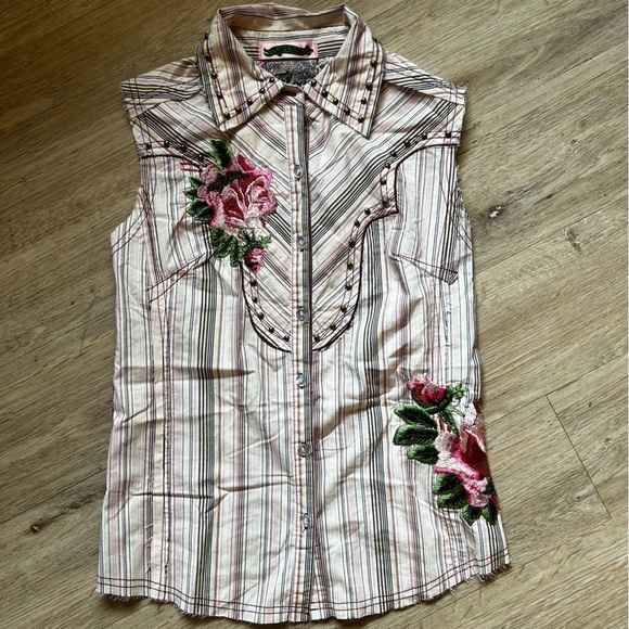 Love Junkie Tops - Vintage Y2K Western Love Junkie Stud Embroidered Raw Edge Striped Button Up Top